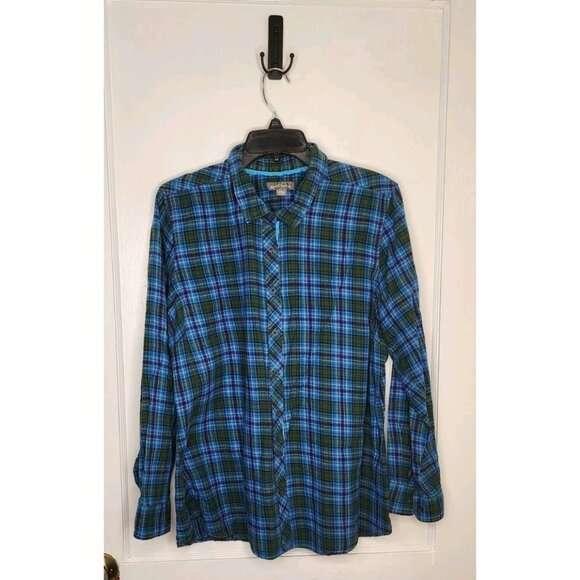 Eddie Bauer Flannel Button-Up Shirt Women's 2XL Blue Green Plaid Microfleece - Picture 1 of 5